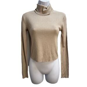 Urban Social Ribbed Knit Turtleneck Long Sleeve Cropped Top Beige Medium NWT